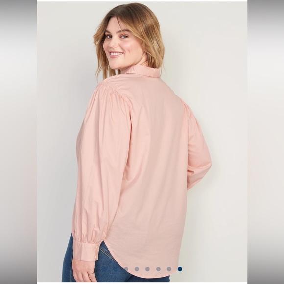 OLD NAVY Salmon Pink Long-Sleeve Smocked Cotton Poplin Button Down Blouse Shirt - Picture 8 of 13